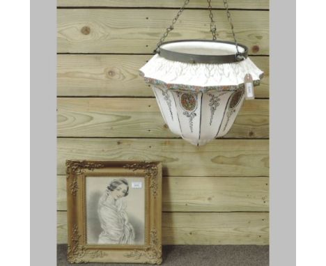 A Victorian opaline white glass hanging light shade, 40cm, together with a Victorian portrait print