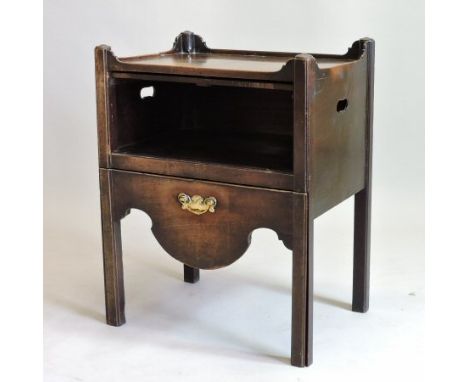 A George III mahogany tray top commode, with a hinged front on square moulded legs, 61cm