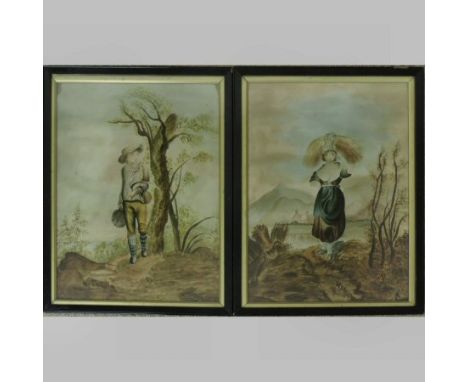 English School, early 19th century, portrait of a young boy, holding a scythe and another of a girl, gathering the harvest, w