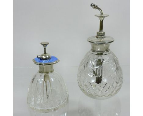 A glass and enamel scent bottle, 12cm tall, together with another