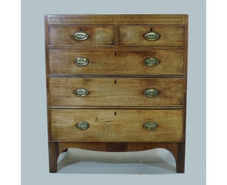 A 19th century mahogany chest, containing two short over three long drawers, on swept bracket feet, 91cm