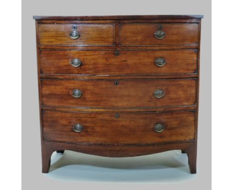 A 19th century mahogany and crossbanded bow front chest, containing two short over three long drawers, on swept bracket feet,