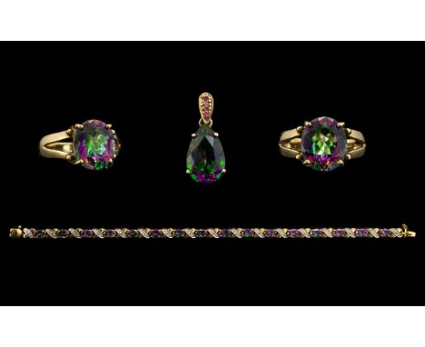 9 ct Yellow Gold and Mystic Topaz Single Stone Oval Cut Ring - Oval Topaz weight 4.448 cts. 12 mm x 10 mm. Ring size (N) toge