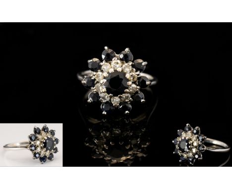 18ct White Gold Sapphire and Diamond Set Cluster Ring - Flower head setting, fully hallmarked for 18ct. Ring size (M/N) 4.6 g