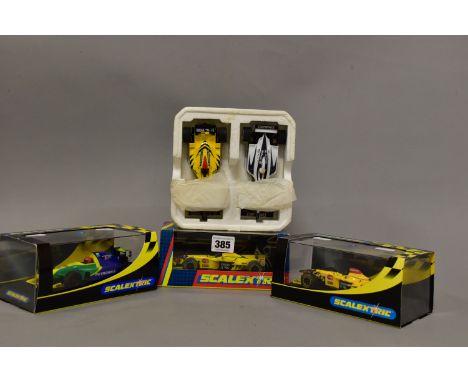 FIVE BOXED AND PART BOXED SCALEXTRIC F1 RACING CARS, boxed Jordan Mugan Honda No.9 (C2126), No.10 (C2127), Team Petrobras No.