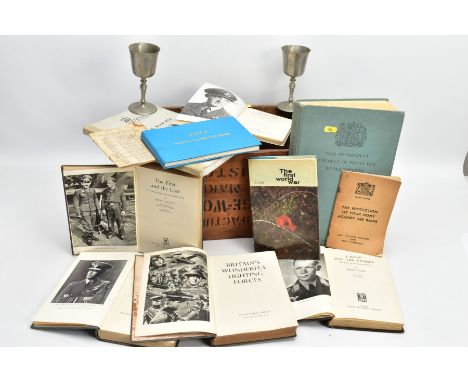 A WOODEN BOX CONTAINING BOOKS &amp; ITEMS OF RAF INTEREST, to include War Office Manual, copies of 'First &amp; Last' Adolf G