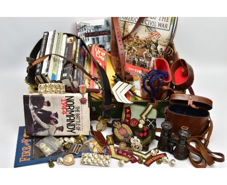 A BOX CONTAINING VARIOUS BOOKS  to include American Civil War, and WW2, together with a pair of Military style binoculars in 