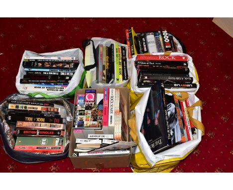 SIX BAGS AND A BOX CONTAINING MUSIC RELATED BOOKS including a quantity of books about The Rolling Stones, etc