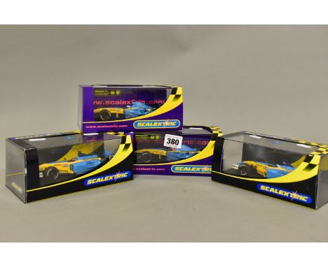 FOUR BOXED SCALEXTRIC RENAULT F1 RACING CARS, R23 F1 Jarno Trulli No.7 (C2397), Fernando Alonso No.8 (C2398), R24 F1 Team Spi