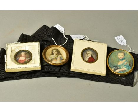 FOUR ASSORTED 20TH CENTURY PORTRAIT MINIATURES, comprising a celluloid framed oval print of a gentleman with hand painted det