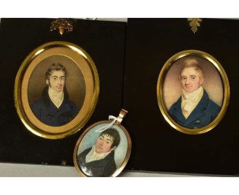 THREE EARLY 19TH CENTURY PORTRAIT MINIATURES OF GENTLEMEN, the smallest in an oval gold plated frame with hanging loop attach