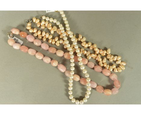 THREE NECKLACES, to include a rose quartz bead necklace and two cultured pearl necklaces