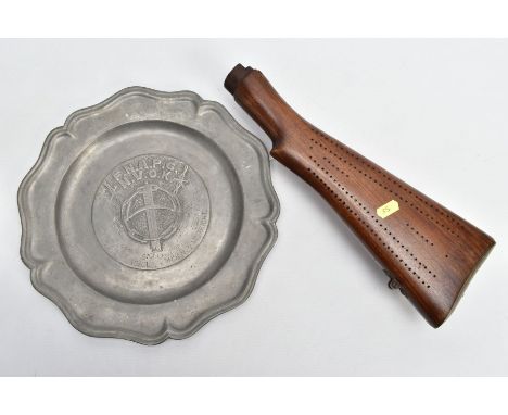 A LARGE BELGIUM VETERANS P.O.W. PEWTER PLATE AND CRIBBAGE SCOREBOARD, the plate is approximately 32cm diameter and bears the 