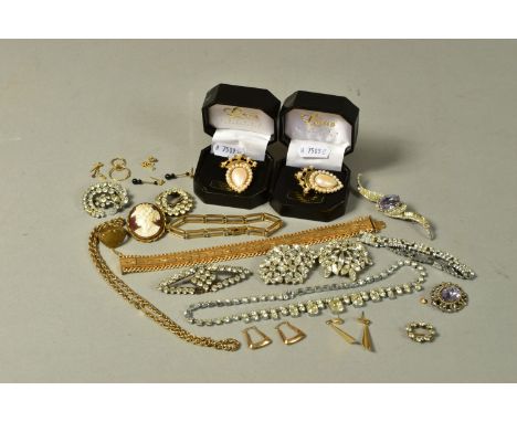 A SELECTION OF COSTUME JEWELLERY, to include a  pale blue and colourless paste Norman Hartnell brooch, various other paste it