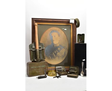 Large box containing a large glazed frame containing portrait(photo) of Soldier in Uniform, frame believed Oak, Trench Art Sh