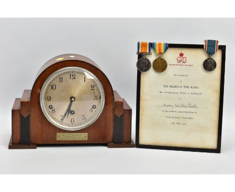 ARCHIVE INCLUDING MEDALS,MANTLE CLOCK, CERTIFICATE ETC, including British War &amp; Victory Medals on a wearing bar, named 74