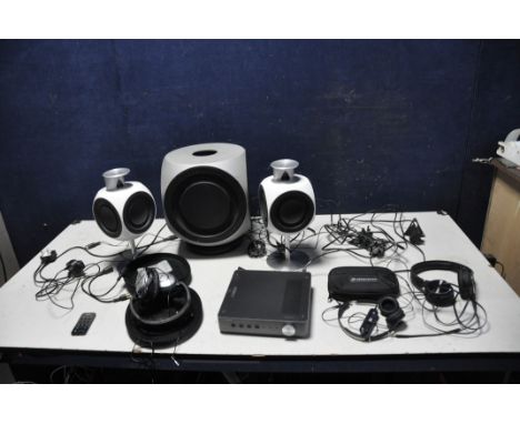A BANG AND OLUFSEN BEOLAB 2 ICE SUB,  two satellite speaker on table stands, a Yamaha WXC-50 Streaming Pre Amp, ( all PAT pas
