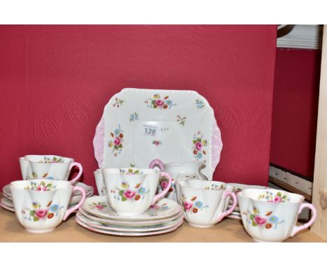 A SHELLEY DAINTY SHAPE CHINA PART TEA SERVICE, pattern number 13425, rose and red daisy, comprising cake/sandwich plate, milk