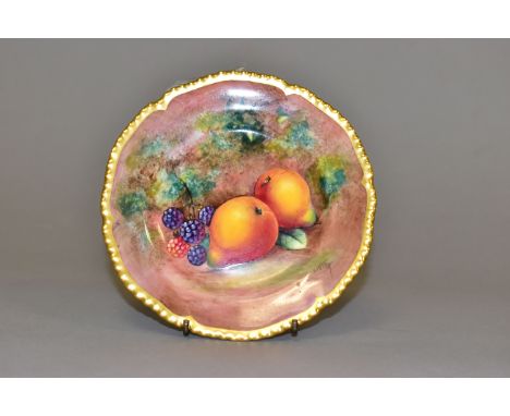 A ROYAL WORCESTER FRUIT STUDY TEA PLATE, silver shape with gilt rim, painted with pears and blackberries, signed J. Cook, pri