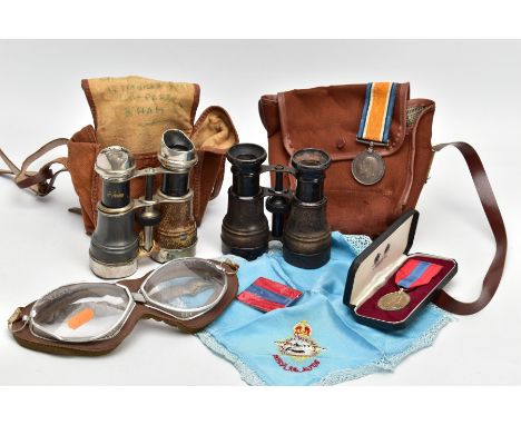 A BOX CONTAINING VARIOUS MILITARY RELATED ITEMS AS FOLLOWS, two small pairs of Binoculars, one marked Army &amp; Navy, RAF si