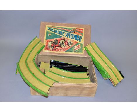 A BOXED LOUIS MARX (GREAT BRITAIN) TINPLATE CLOCKWORK 'STREAMLINE' SPEEDWAY E50 RACING SET, in playworn condition with some p