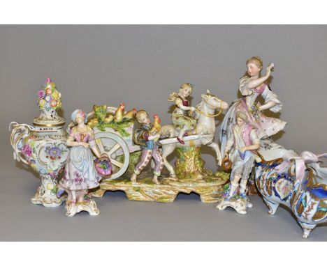 A GROUP OF CONTINENTAL CERAMIC FIGURES, including a pedestal twin handled pot pourri vase and cover, hand painted decoration 