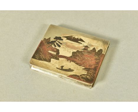 A WHITE METAL JAPANESE STYLE BOX, hinged square box, depicting a tri-coloured oriental river and mountain scene, stamped 'Sil