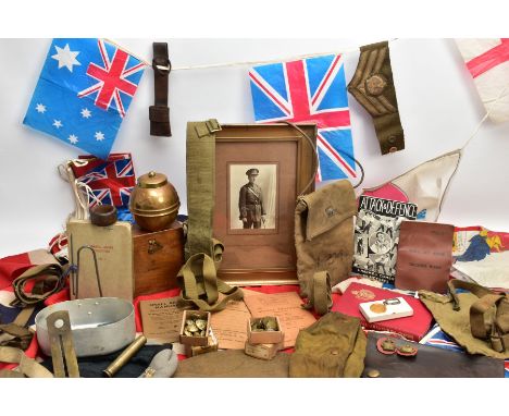 BOX CONTAINING MILITARY ITEMS to include large Union Jack flag, selection of plastic bunting style flags, Webbing, cases, Ins