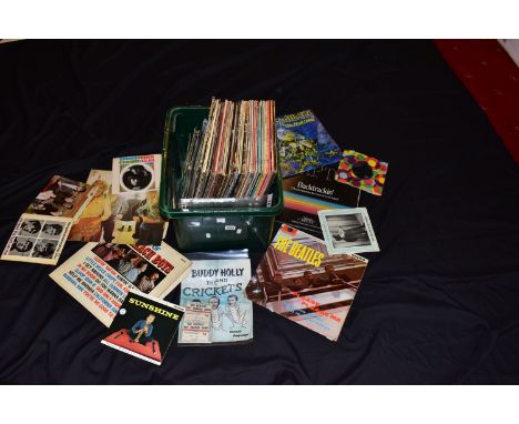 A TRAY CONTAINING LPs, 7in SINGLES AND EPHEMERA FROM THE 1950s AND 60s including two concert tickets The Beatle-Roy Orbison S