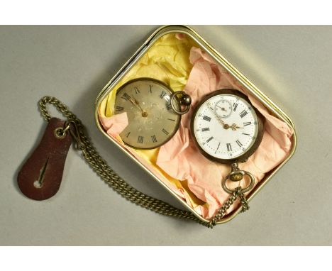 TWO OPEN FACED POCKET WATCHES AND ALBERT CHAIN, the first with a silvered dial, roman numeral and decorative engraving to the