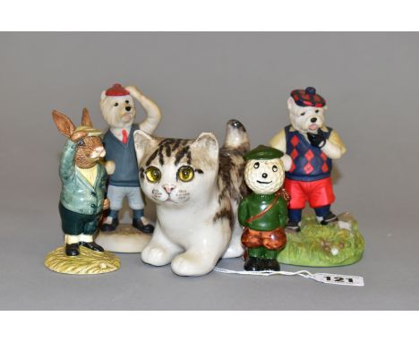 A WINSTANLEY KITTEN AND FOUR OTHER FIGURES BY ROBERT HARROP, ETC, comprising a Winstanley kitten with yellow glass eyes, pain
