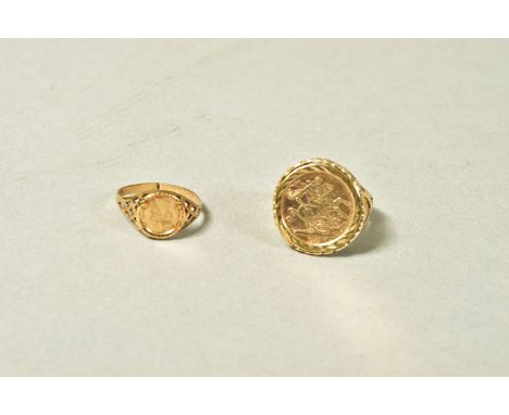 TWO 9CT GOLD COIN RINGS, both with pierced detail to the shoulders, coins believed to be gold plated, ring sizes K and M, app