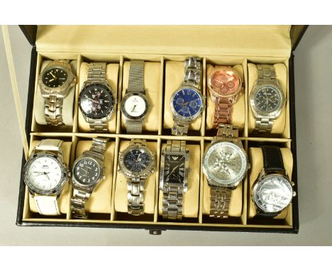A WATCH DISPLAY CASE WITH WATCHES, a black and glass panelled watch display case with twelve watches in total, to include a '