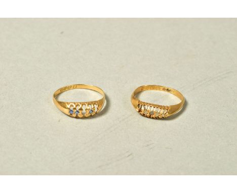 TWO EARLY 20TH CENTURY 18CT GOLD GEM SET BOAT RINGS, the first set with three graduated diamonds, two missing, estimated tota