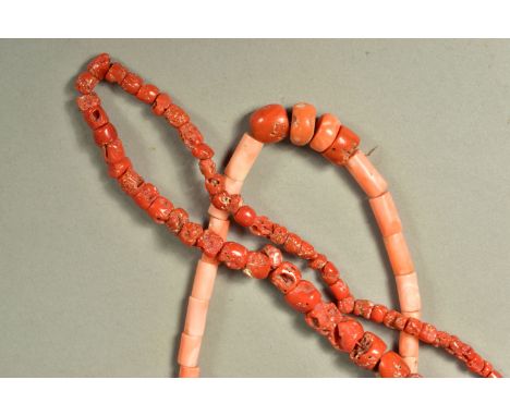TWO CORAL NECKLACES, the first designed as a long necklace of graduated coral beads, the second comprising of elongated beads