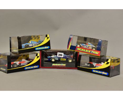 FIVE BOXED SCALEXTRIC F1 RACING CARS, Benetton Renault B193 No.2 (C583), No.7 (C2114), B199 No.10 (C2187), Toyota F1 2002 No.