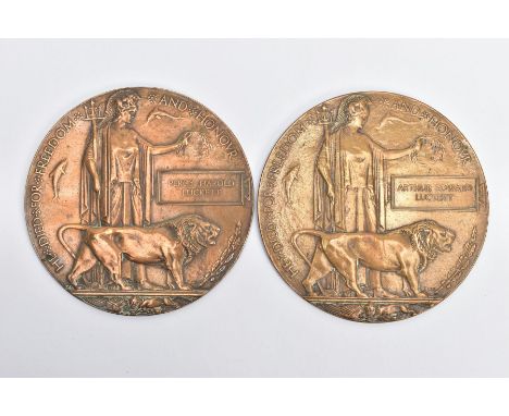 TWO WORLD WAR ONE MEMORIAL DEATH PLAQUES TO BROTHERS, Arthur Edward LUCKETT Sjt 1912 F Coy 1st Btn Lancashire Fusiliers, KIA 