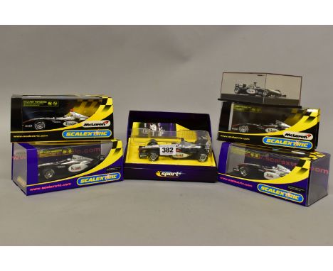 FIVE BOXED SCALEXTRIC McLAREN MERCEDES MP4-16 F1 RACING CARS, No.5 DAVID 2004 (C2554), No.6 KIMI 2004 (C2555), No.9 KIMI (C26