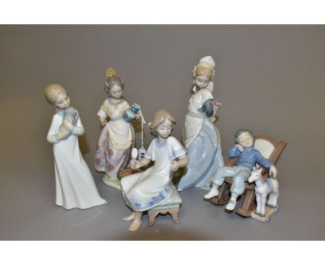 THREE LLADRO FIGURES OF CHILDREN AND TWO OTHER SIMILAR FIGURES,  comprising   Making Paella   5254,   All Tuckered Out   5846