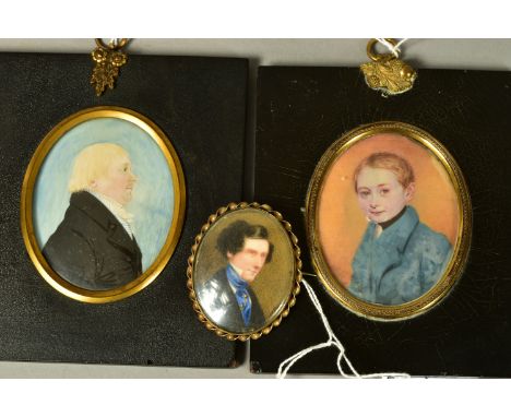 TWO EARLY 19TH CENTURY PORTRAIT MINIATURES IN EBONISED FRAMES AND ANOTHER OF A LATE 19TH CENTURY GENTLEMAN MOUNTED IN A GILT 