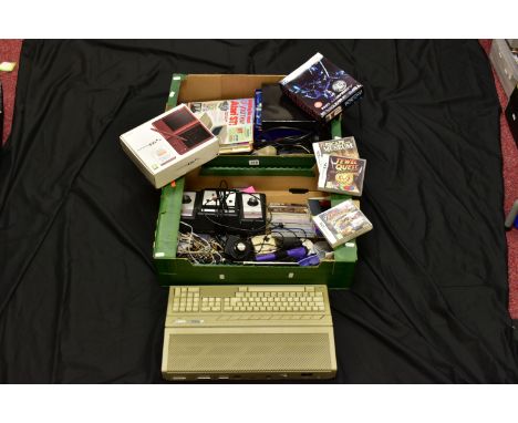 TWO TRAYS CONTAINING GAMING EQUIPMENT including an Atari 520STFM Personal Computer with power cable, mouse, two joysticks and