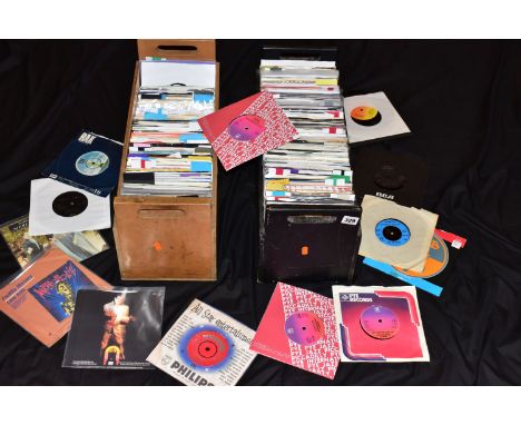 TWO WOODEN TRAYS CONTAINING APPROX THREE HUNDRED 7in SINGLES  artist include Elton John, Carly Simon, Joni Mitchell, The Styl