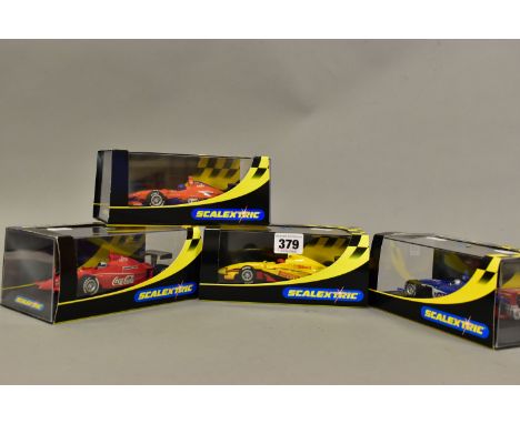 FOUR BOXED SCALEXTRIC DALLARA INDY RACING CARS, assorted liveries Coca Cola No.7 (C2515), Mobil 1 No.5 (C2516), Gulf No.4 (C2