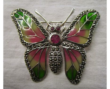 Silver champlevé enamel butterfly brooch