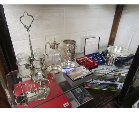 Shelf of collectables to include silver plate