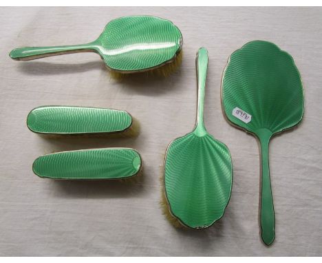 Machine turned green enamel 5 piece silver brush &amp; mirror set