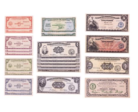 AN ASSORTED GROUP OF PHILIPPINES BANKNOTES
Comprising:
5 centavos, consecutive serial numbers Q/K 302873 and Q/K 302874
10 ce