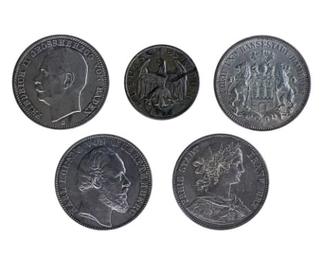 AN ASSORTED GROUP OF GERMAN MARK (5)
Comprising: Hamburg 1912 J 3 Mark; Frankfurt 1860 1 Vereinsthaler; Baden 1914 G 3 Mark; 