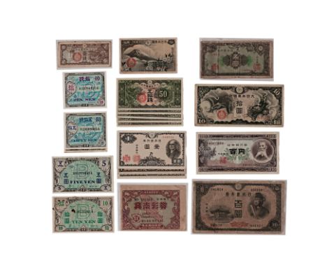 JAPAN AN ASSORTED GROUP OF BANKNOTES AND A LOTTERY TICKET
Comprising: 50 sen (Japan military currency), 1 Sen (Japanese milit