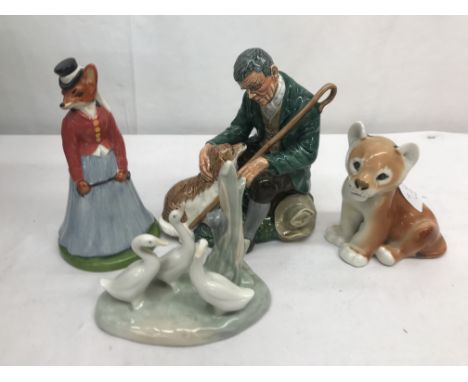 A Royal Doulton figure "The Master" HN 2325; together with a Lomonosov lion cub, Nao geese and a Grays fox